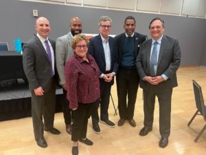 Prof. Faye S Taxman, Commonwealth's Attorney Steve Descano, Sean Perryman, Dean Mark Rozell, Franconia Supervisor Rodney Lusk, and Safer Country Executive Director Paul Friedman